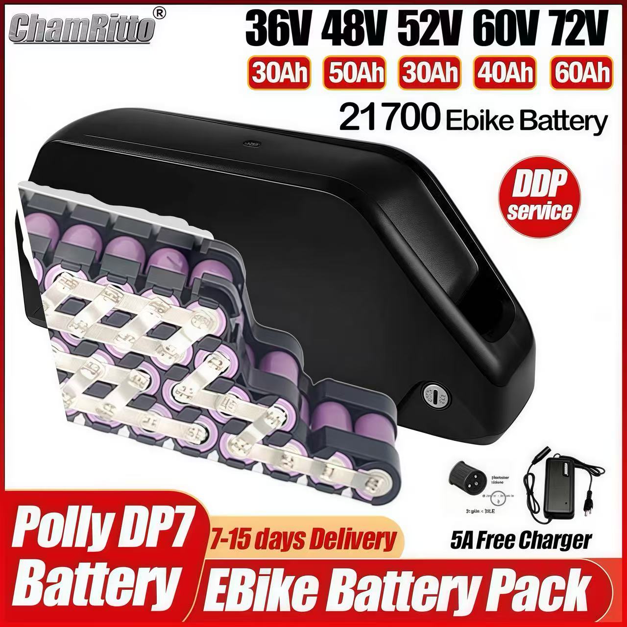 72V 50Ah 21700 Lithium Battery - Bateria de Lítio Hailong para Bicicleta